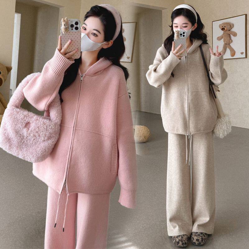 孕妇套装2025新款时尚简约慵懒宽松连帽针织衫外套休闲阔腿裤秋季