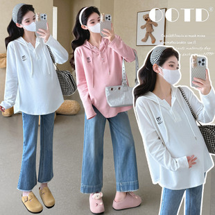 宽松连帽长袖 时尚 卫衣女休闲百搭刺绣T恤上衣秋冬 2025新款 孕妇装