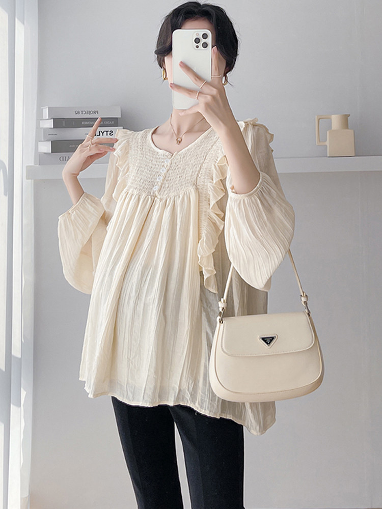 임산부 봄 여름 스타일 셔츠 주름 셔츠 귀걸이 V 넥 긴팔 느슨한 시폰 BABYDOLL 탑