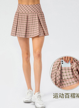 春款格子运动裙户外跑步网球裙裤假两件瑜伽裙裤百褶裙22442