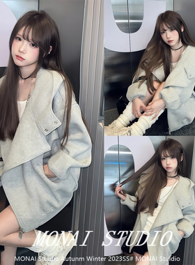 【FDR~】美式设计感拉链开衫外套女秋冬灰色高级感简约连帽卫衣