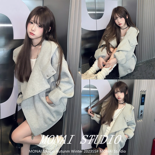 【FDR~】美式设计感拉链开衫外套女秋冬灰色高级感简约连帽卫衣