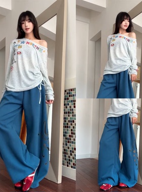 【URKR~】CGGA~慵懒风字母印花阔腿休闲裤女宽松垂感直筒百搭长裤