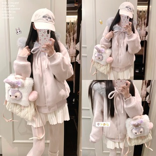 大毛领外套女蝴蝶结设计感少女美学穿搭粉色毛呢上衣 lennea