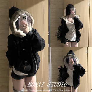 【Aaisup~】美式复古黑色连帽棉服女冬季宽松毛毛领加绒加厚外套