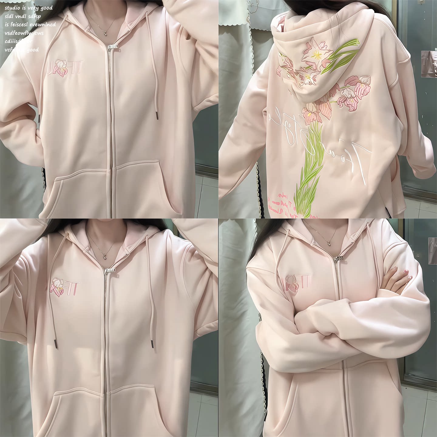 【tfour~】花卉植物刺绣连帽拉链开衫卫衣女秋冬宽松设计感外套