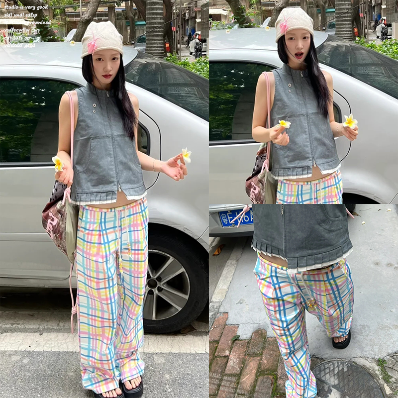 【Aisement~】多巴胺色系格子休闲裤女夏季彩色格纹直筒阔腿长裤