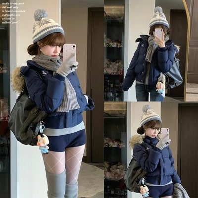 【iNSLiiSA】连帽毛领藏青色棉服