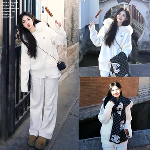 【insliisa~】奶油风毛领连帽毛衣软糯温柔感加厚针织秋冬外套女