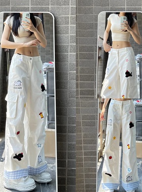 【FXOP~】小狗刺绣工装裤女夏格子翻边牛仔裤宽松休闲阔腿裤子女