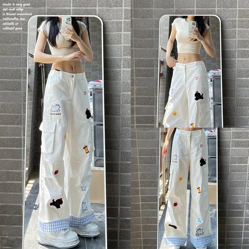 【FXOP~】小狗刺绣工装裤字女夏