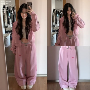 【ATKFY~】粉色休闲运动套装女秋冬季美式连帽卫衣阔腿裤两件套潮