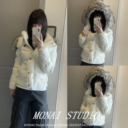 【0123start~】修身连帽棉服外套女带毛领冬季保暖短款白色棉衣