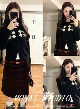 【Ni8ht Metro~】法式复古高级感黑色菱格针织开衫毛衣女秋冬上衣