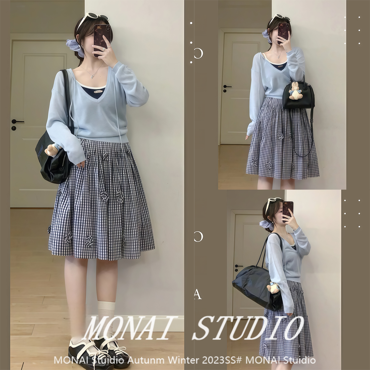 【iszizii~】立体花朵 miu系蓝白格子中裙女秋遮胯a字半身短裙