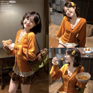 【ffcheer~】韩系镂空长袖橘色针织衫毛衣秋季别致修身V领打底衫