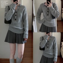 【solotario~】巨好看秋季灰色v领毛衣慵懒高级感针织衫别致上衣