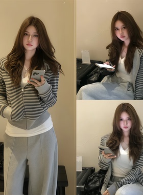 【SUNONEONE~】韩系早秋穿搭灰色条纹连帽卫衣休闲舒适百搭上衣女