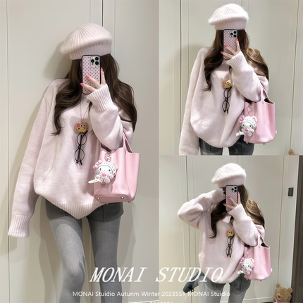 【INFI EDITION小亲戚~】粉色套头软糯毛衣女宽松甜美减龄针织衫