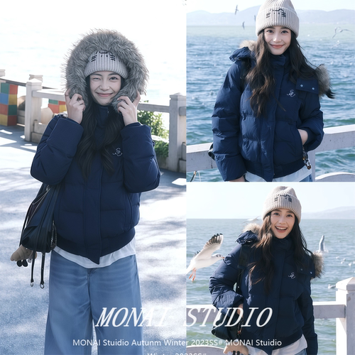 【insliisa~】连帽毛领藏青棉服