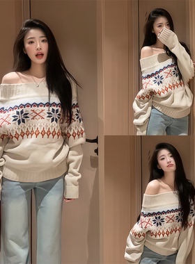 【MAXMENT~】秋冬软糯针织衫毛衣女一字肩套头内搭费尔岛穿搭上衣