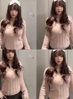 【Wild leek~】韩系甜美粉色V领长袖针织衫女秋季修身显瘦上衣