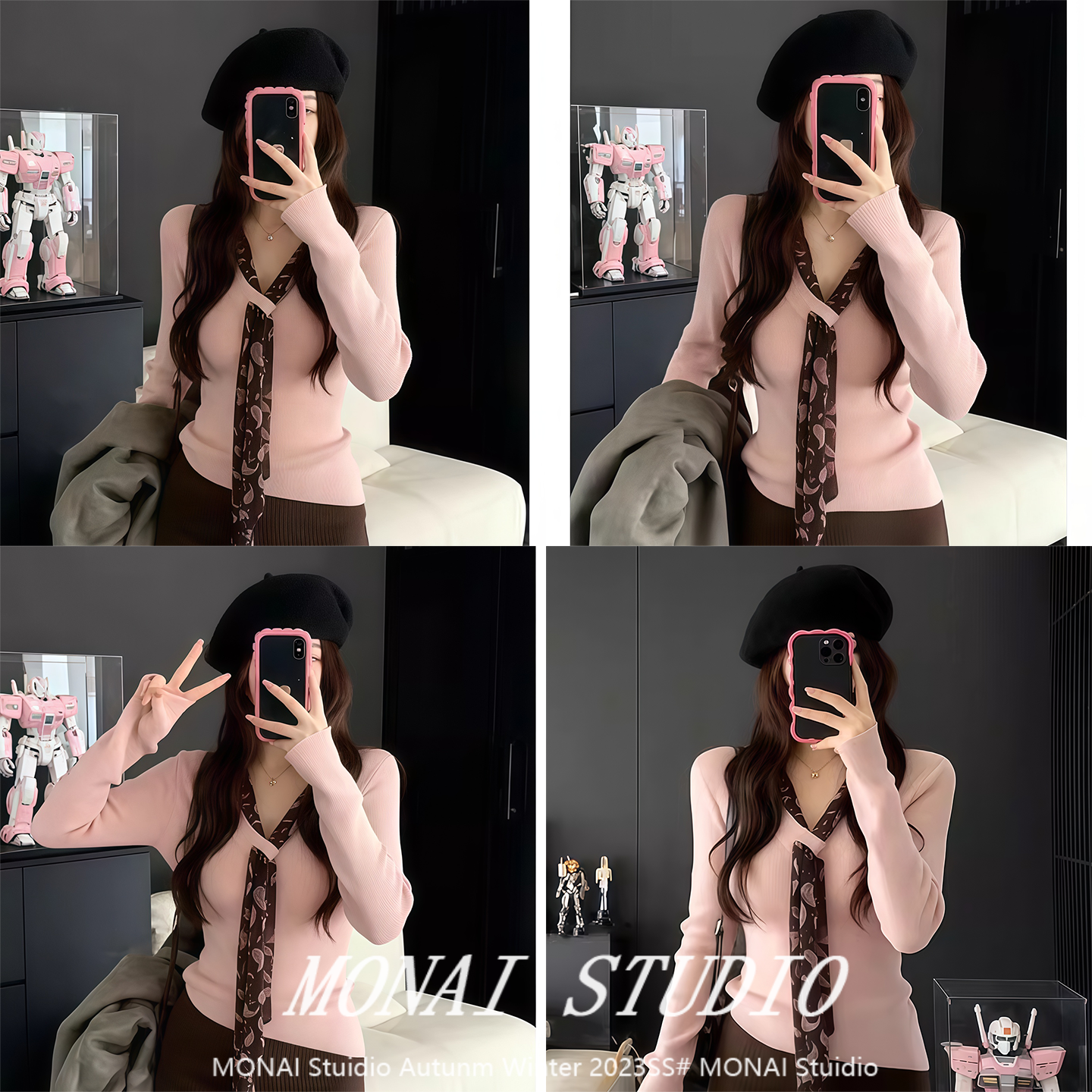 【红人馆~】韩系粉色v领针织毛衣