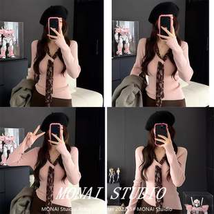 【红人馆~】韩系设计感粉色v领针织毛衣秋冬修身内搭打底长袖上衣