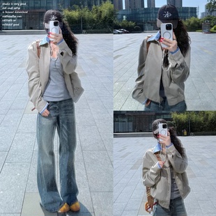 【Achock~】卡其miu系夹克格子拼接巴恩风短外套休闲工装上衣女秋