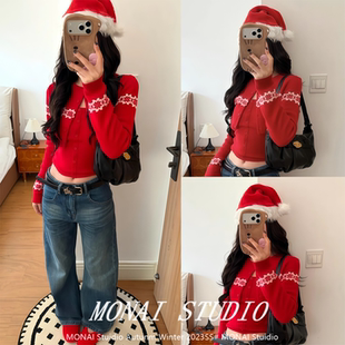 修身 费尔岛雪花针织短开衫 CUTE 系带吊带背心两件套女 ANNA