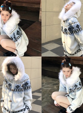 【FDR~】林秋楠同款费尔岛连帽毛衣外套女秋冬可拆卸毛领针织上衣