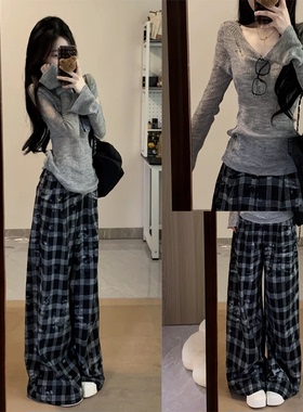 【Xxiiuu~】黑色格子裤女夏秋美式慵懒松驰宽松休闲阔腿爵士舞裤