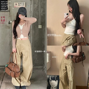 【Fri11~】卡其色休闲阔腿裤子女秋季高腰显瘦宽松慵懒风拖地长裤