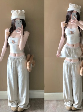 【im向】~棉麻条纹裤子女夏2025新款高腰垂感慵懒风休闲阔腿长裤