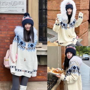 【FDR~】林秋楠同款费尔岛连帽毛衣外套女秋冬可拆卸毛领针织上衣