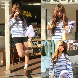 【圈圈cooky～】韩系学院风条纹长袖t恤女秋季宽松慵懒松弛感上衣