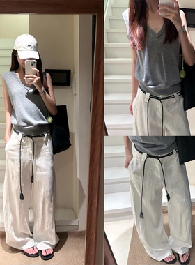 【5werkwen~】老钱风白色亚麻阔腿裤女2025夏薄款棉麻高腰休闲裤