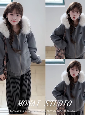 【WESTAYONE~】慵懒风灰色毛领连帽拉链外套条纹裤套装女秋冬季