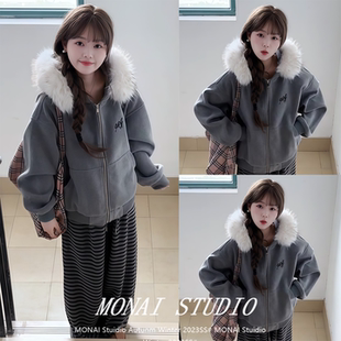 【WESTAYONE~】慵懒风灰色毛领连帽拉链外套条纹裤套装女秋冬季