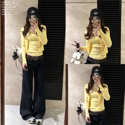 【e7q8~】黄色针织衫吊带两件套
