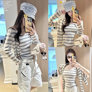 【theissn宁司~】蓝色纹针织开衫甜美风设计感条女秋季开衫两件套