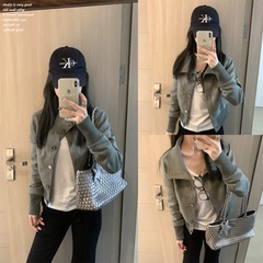 【solotario~】短款立领麂皮质感夹克女秋冬季收腰显瘦设计感外套