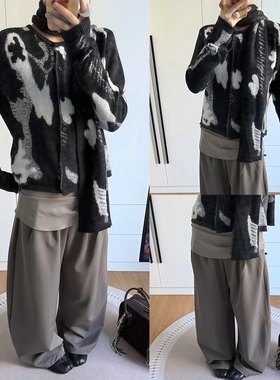 【groovy club】美式休闲复古弯刀裤女秋冬设计感打褶挡胯香蕉裤