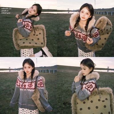 【heris~】大毛领连帽毛衣开衫女