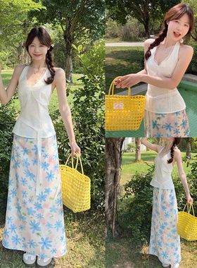 【发财欧尼fortunee~】蓝色印花雪纺半身裙女夏季长裙度假风裙子