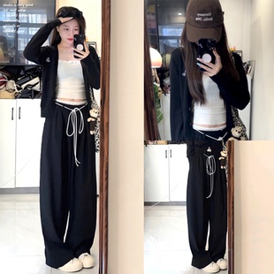 【Aaisup~】黑色绑带弯刀裤女早秋季宽松阔腿蕾丝拼接爵士舞长裤