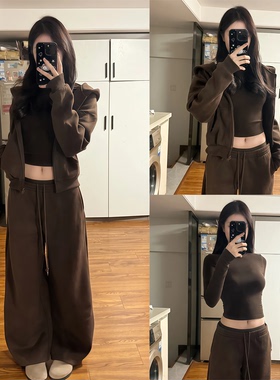 【SKK store~】棕色宽松卫衣外套上衣女百搭低腰休闲裤巴恩风套装