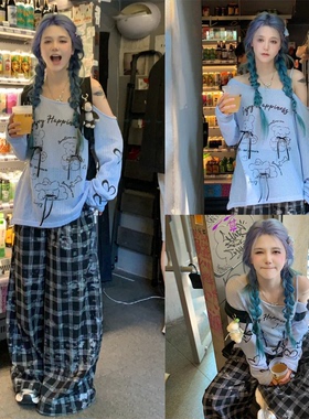 【Xxiiuu~】黑色格子裤女夏秋美式慵懒松驰宽松休闲阔腿爵士舞裤