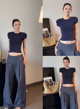 【liny liberty~】复古设计感蓝白格纹阔腿裤显瘦高腰宽松休闲裤