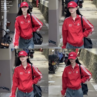 冲锋衣外套潮流夹克女秋季 红色三条杠短款 百搭上衣女 iSaluteU